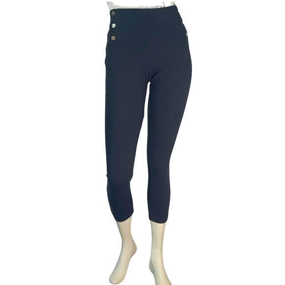 3/$30 Ann Taylor Factory Sz M Leggings 3/4 Length Black Sailor Button Waist - Picture 2 of 7